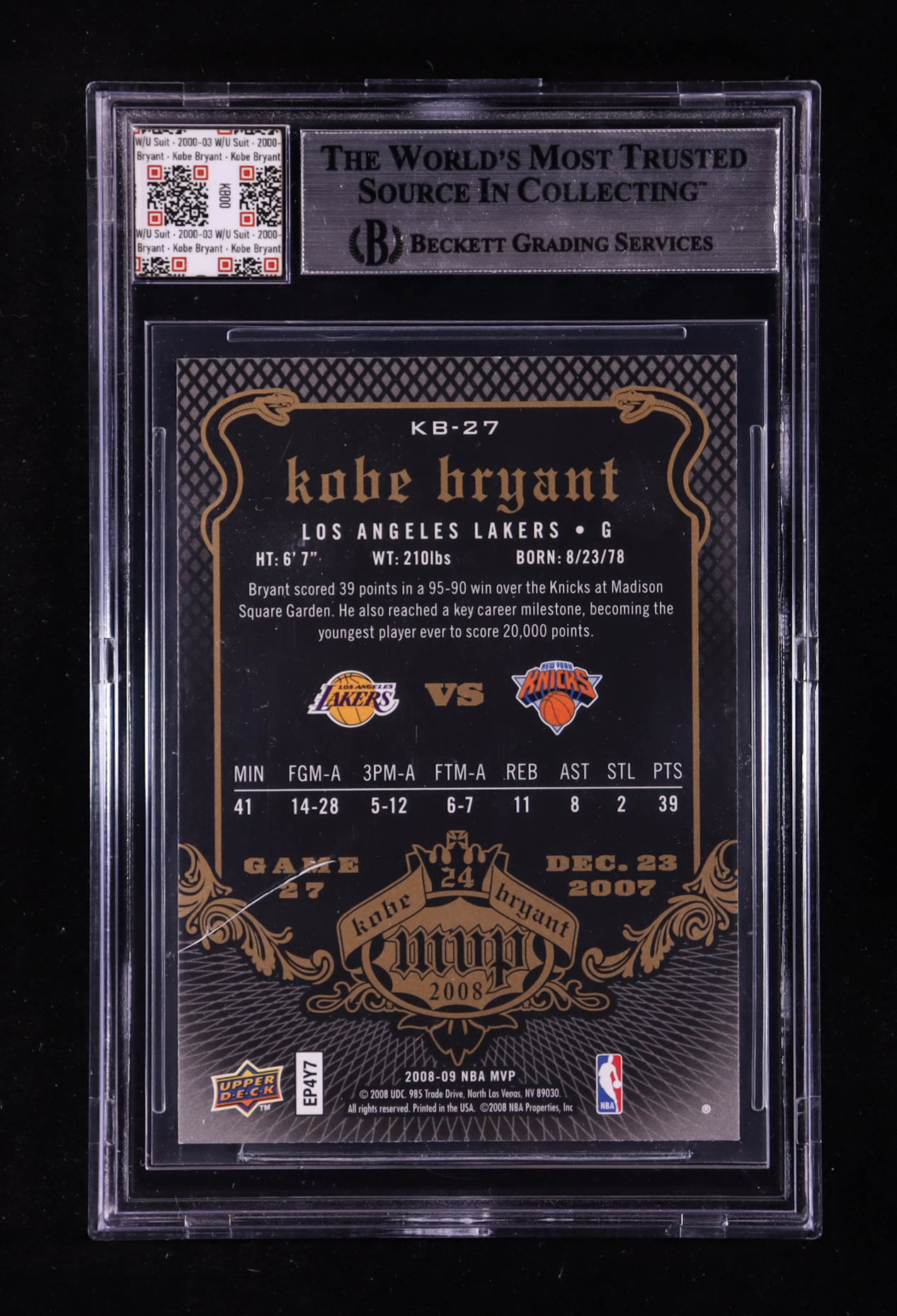 Kobe Bryant 2008-09 Upper Deck MVP Kobe MVP #KB27 With Warm-Up Suit Swatch (BGS) at PristineAuction.com Kobe Bryant 2008-09 Upper Deck MVP Kobe MVP #KB27 With Warm-Up Suit Swatch (BGS) at PristineAuction.com