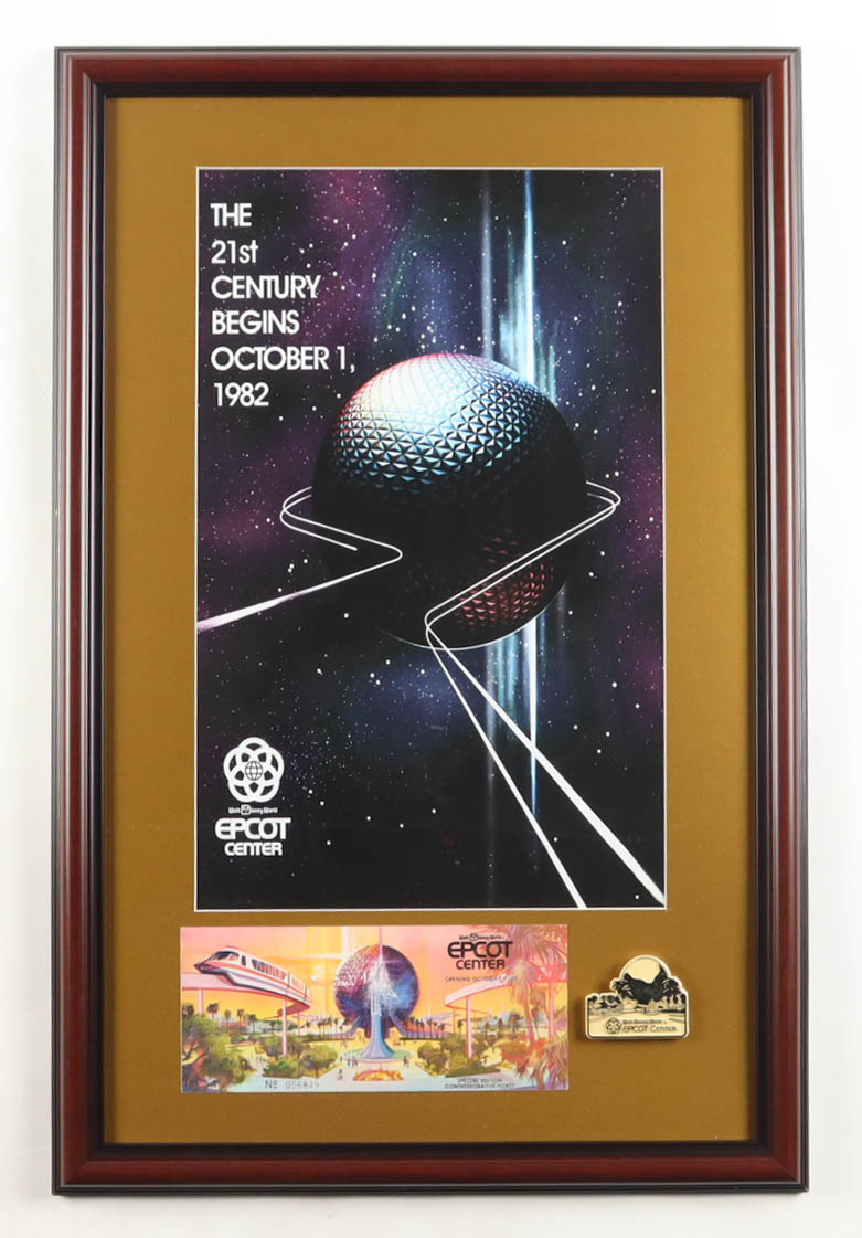 Walt Disney World "Epcot" Custom Framed Poster Display With Opening Day Ticket & Vintage Souvenir Magnet at PristineAuction.com Walt Disney World "Epcot" Custom Framed Poster Display With Opening Day Ticket & Vintage Souvenir Magnet at PristineAuction.com