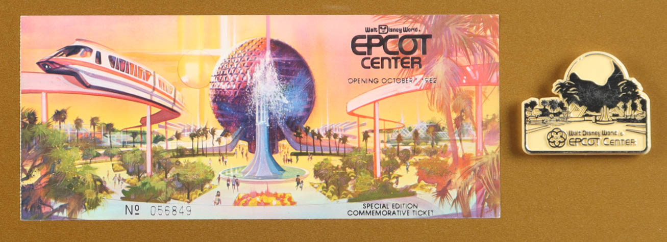 Walt Disney World "Epcot" Custom Framed Poster Display With Opening Day Ticket & Vintage Souvenir Magnet at PristineAuction.com Walt Disney World "Epcot" Custom Framed Poster Display With Opening Day Ticket & Vintage Souvenir Magnet at PristineAuction.com