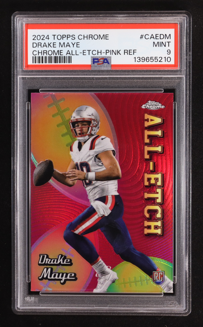 Drake Maye 2024 Topps Chrome All Etch Pink Refractors #CAEDM RC (PSA 9) at PristineAuction.com Drake Maye 2024 Topps Chrome All Etch Pink Refractors #CAEDM RC (PSA 9) at PristineAuction.com
