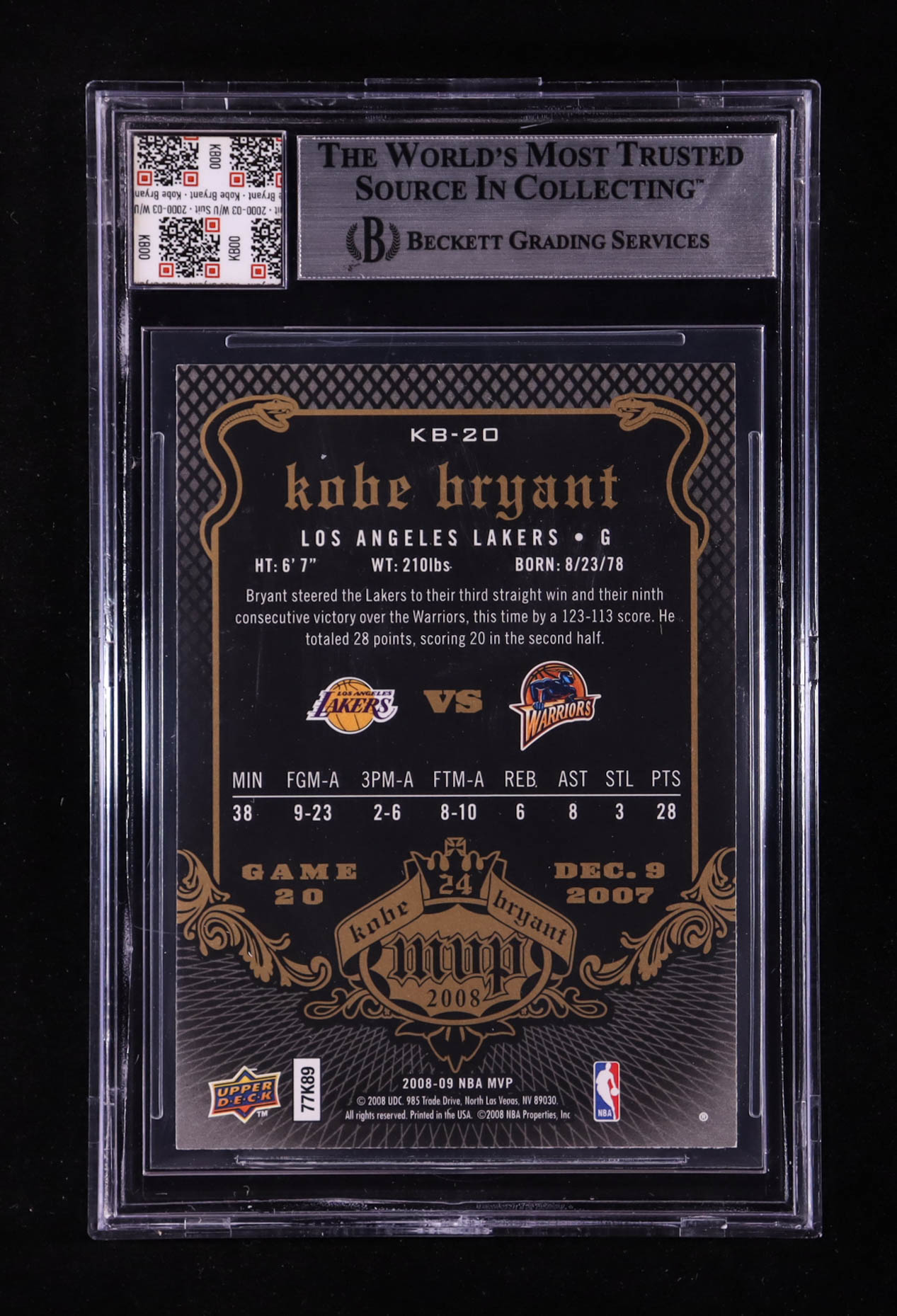 Kobe Bryant 2008-09 Upper Deck MVP Kobe MVP #KB20 With Warm-Up Suit Swatch (BGS) at PristineAuction.com Kobe Bryant 2008-09 Upper Deck MVP Kobe MVP #KB20 With Warm-Up Suit Swatch (BGS) at PristineAuction.com
