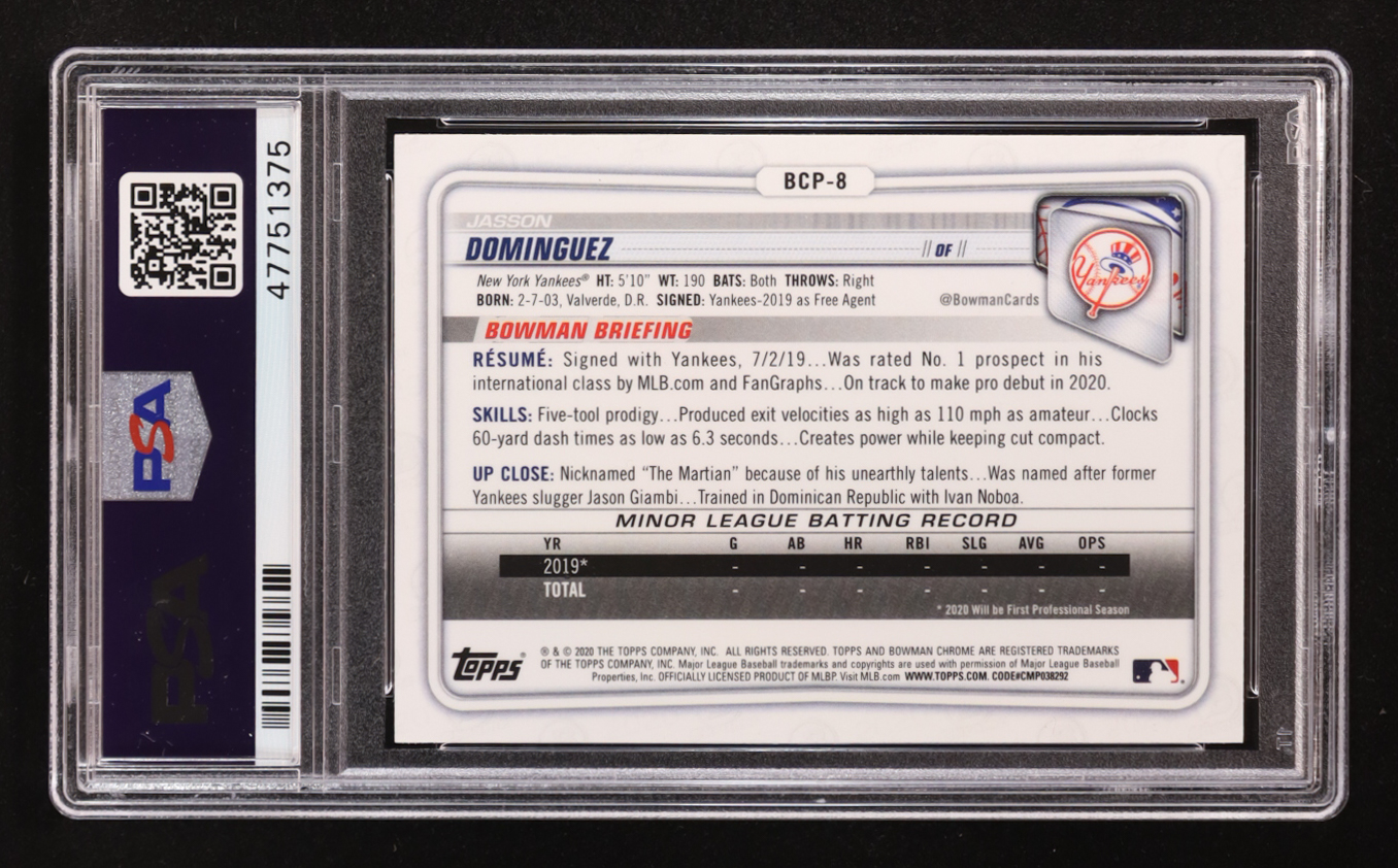 Jasson Dominguez 2020 Bowman Chrome Prospects #BCP8 (PSA 10) at PristineAuction.com Jasson Dominguez 2020 Bowman Chrome Prospects #BCP8 (PSA 10) at PristineAuction.com