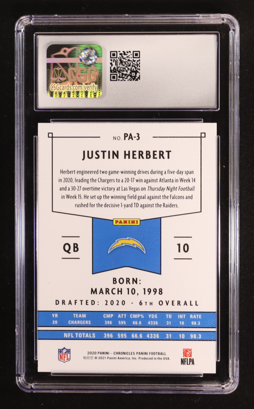 Justin Herbert 2020 Panini Chronicles Panini #PA3 RC (CSG 10) at PristineAuction.com Justin Herbert 2020 Panini Chronicles Panini #PA3 RC (CSG 10) at PristineAuction.com