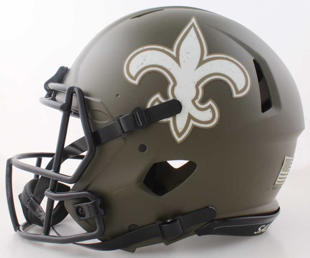 Drew Brees Signed Saints Full-Size Authentic On-Field Salute To Service Alternate Speed Helmet Inscribed "HOF '26" (Beckett) at PristineAuction.com Drew Brees Signed Saints Full-Size Authentic On-Field Salute To Service Alternate Speed Helmet Inscribed "HOF '26" (Beckett) at PristineAuction.com