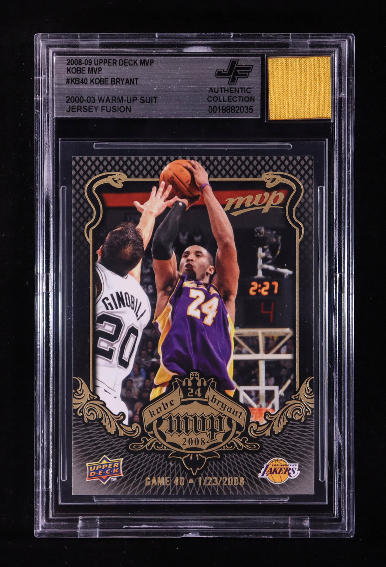 Kobe Bryant 2008-09 Upper Deck MVP Kobe MVP #KB40 With Warm-Up Suit Swatch (BGS) at PristineAuction.com Kobe Bryant 2008-09 Upper Deck MVP Kobe MVP #KB40 With Warm-Up Suit Swatch (BGS) at PristineAuction.com
