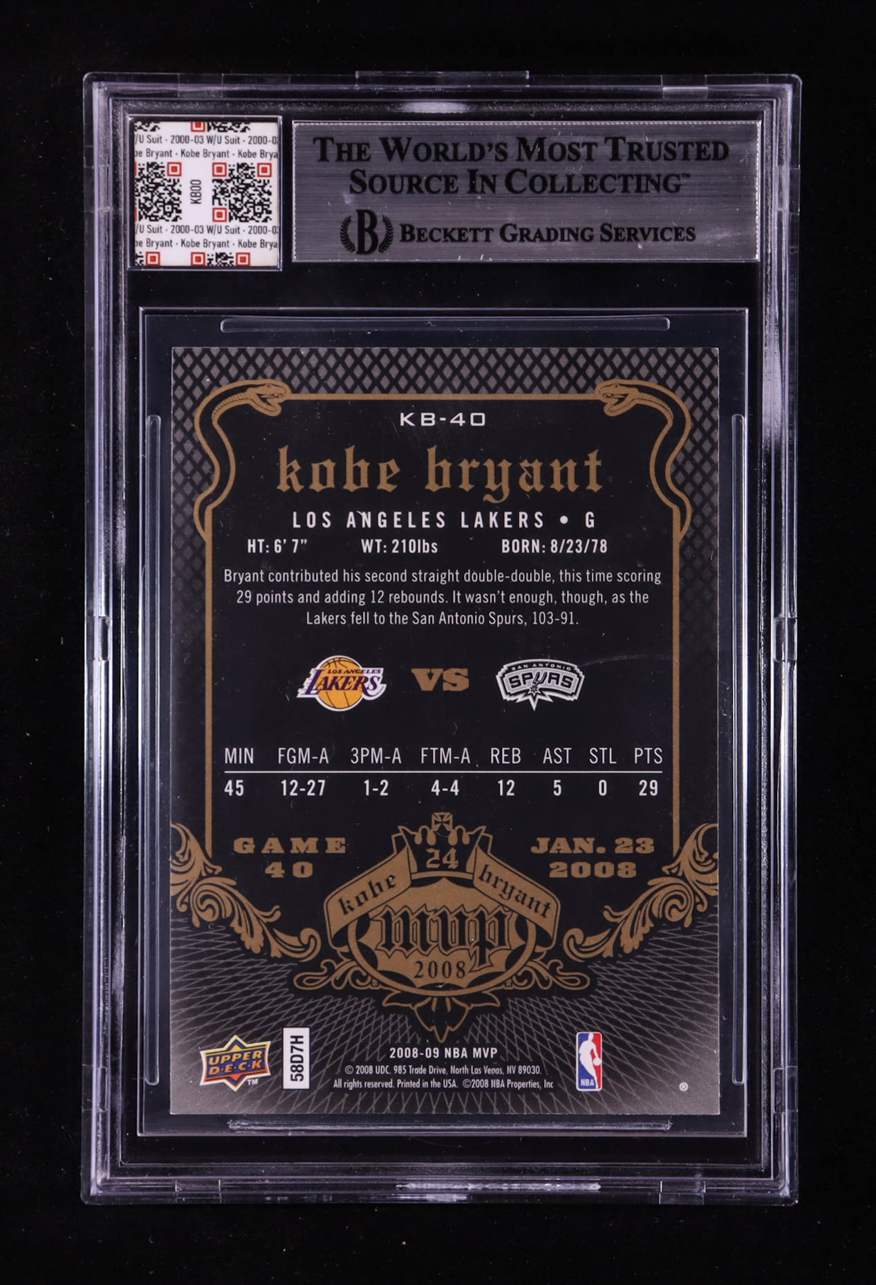 Kobe Bryant 2008-09 Upper Deck MVP Kobe MVP #KB40 With Warm-Up Suit Swatch (BGS) at PristineAuction.com Kobe Bryant 2008-09 Upper Deck MVP Kobe MVP #KB40 With Warm-Up Suit Swatch (BGS) at PristineAuction.com