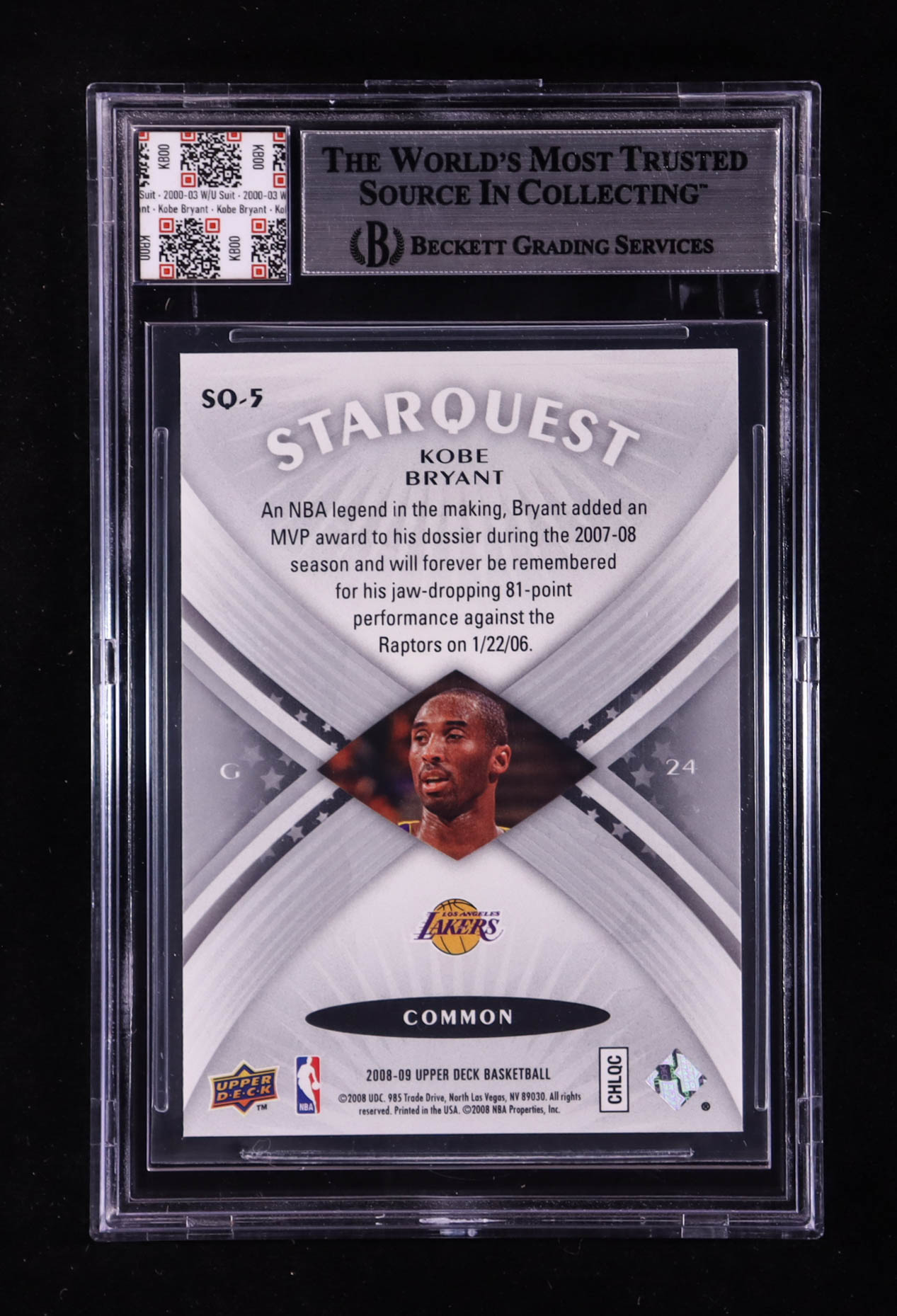 Kobe Bryant 2008-09 Upper Deck Starquest #SQ5 With Warm-Up Suit Swatch (BGS) at PristineAuction.com Kobe Bryant 2008-09 Upper Deck Starquest #SQ5 With Warm-Up Suit Swatch (BGS) at PristineAuction.com