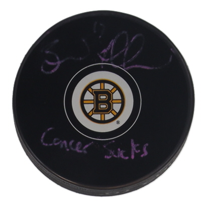 Brad Marchand Signed Bruins Logo Hockey Puck Inscribed "Cancer Sucks" (Marchand) at PristineAuction.com Brad Marchand Signed Bruins Logo Hockey Puck Inscribed "Cancer Sucks" (Marchand) at PristineAuction.com