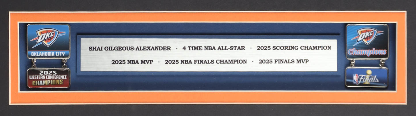 Shai Gilgeous-Alexander Signed Custom Framed Jersey Display with NBA Finals Pin & Conference Pin (Beckett) at PristineAuction.com Shai Gilgeous-Alexander Signed Custom Framed Jersey Display with NBA Finals Pin & Conference Pin (Beckett) at PristineAuction.com