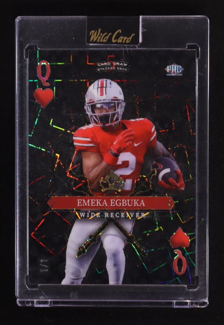 Emeka Egbuka 2024 Wild Card 5 Card Draw Stacked Deck Queen of Hearts Lazer Black #SDPHEEN RC #1/1 at PristineAuction.com Emeka Egbuka 2024 Wild Card 5 Card Draw Stacked Deck Queen of Hearts Lazer Black #SDPHEEN RC #1/1 at PristineAuction.com