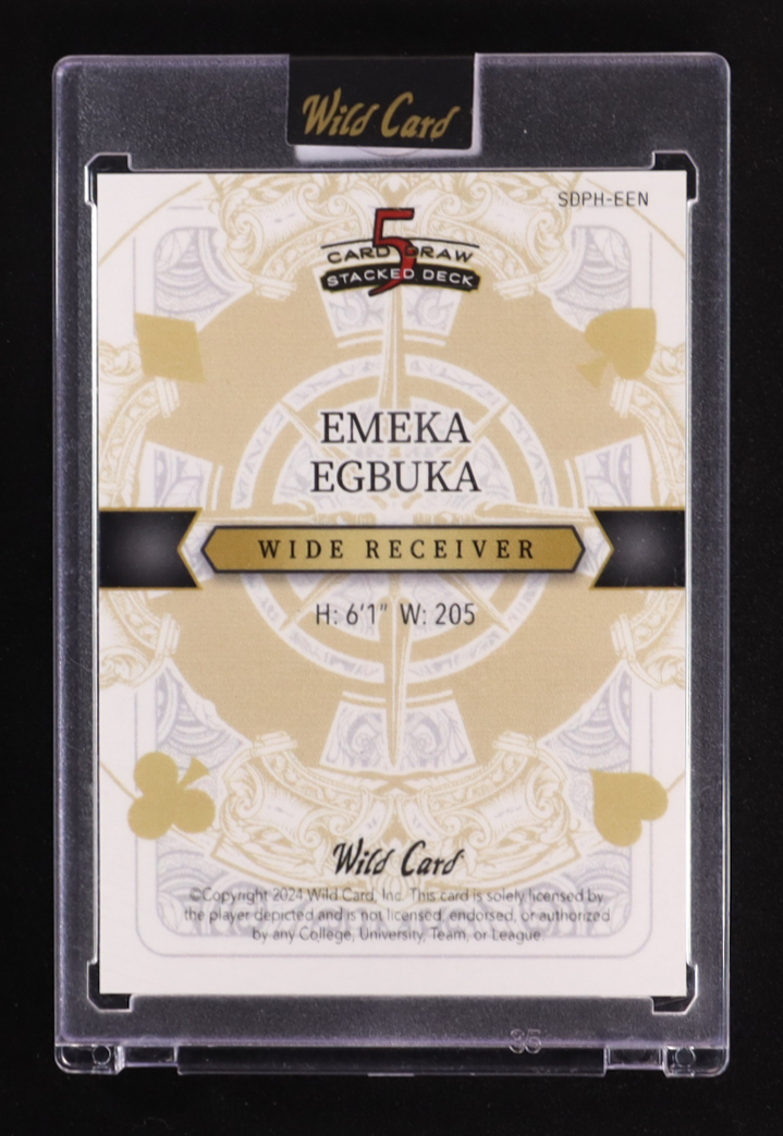 Emeka Egbuka 2024 Wild Card 5 Card Draw Stacked Deck Queen of Hearts Lazer Black #SDPHEEN RC #1/1 at PristineAuction.com Emeka Egbuka 2024 Wild Card 5 Card Draw Stacked Deck Queen of Hearts Lazer Black #SDPHEEN RC #1/1 at PristineAuction.com