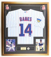 Ernie Banks Signed Custom Framed Jersey Display with National League All Stars Pin & Stat Plaque (Beckett) at PristineAuction.com
