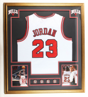 Michael Jordan Custom Framed Jersey Display with (4) LE NBA Finals Pins at PristineAuction.com