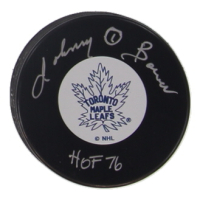 Johnny Bower Signed Maple Leafs Logo Hockey Puck Inscribed "HOF 76" (SportAuthentix) at PristineAuction.com