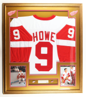 Gordie Howe Signed Custom Framed Cut Display with Jersey & (2) Red Wings Logo Pins (PSA) at PristineAuction.com