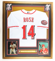 Pete Rose Signed Custom Framed Jersey Display with (2) Reds Logo Pins & Statistics Plaque (Beckett) at PristineAuction.com