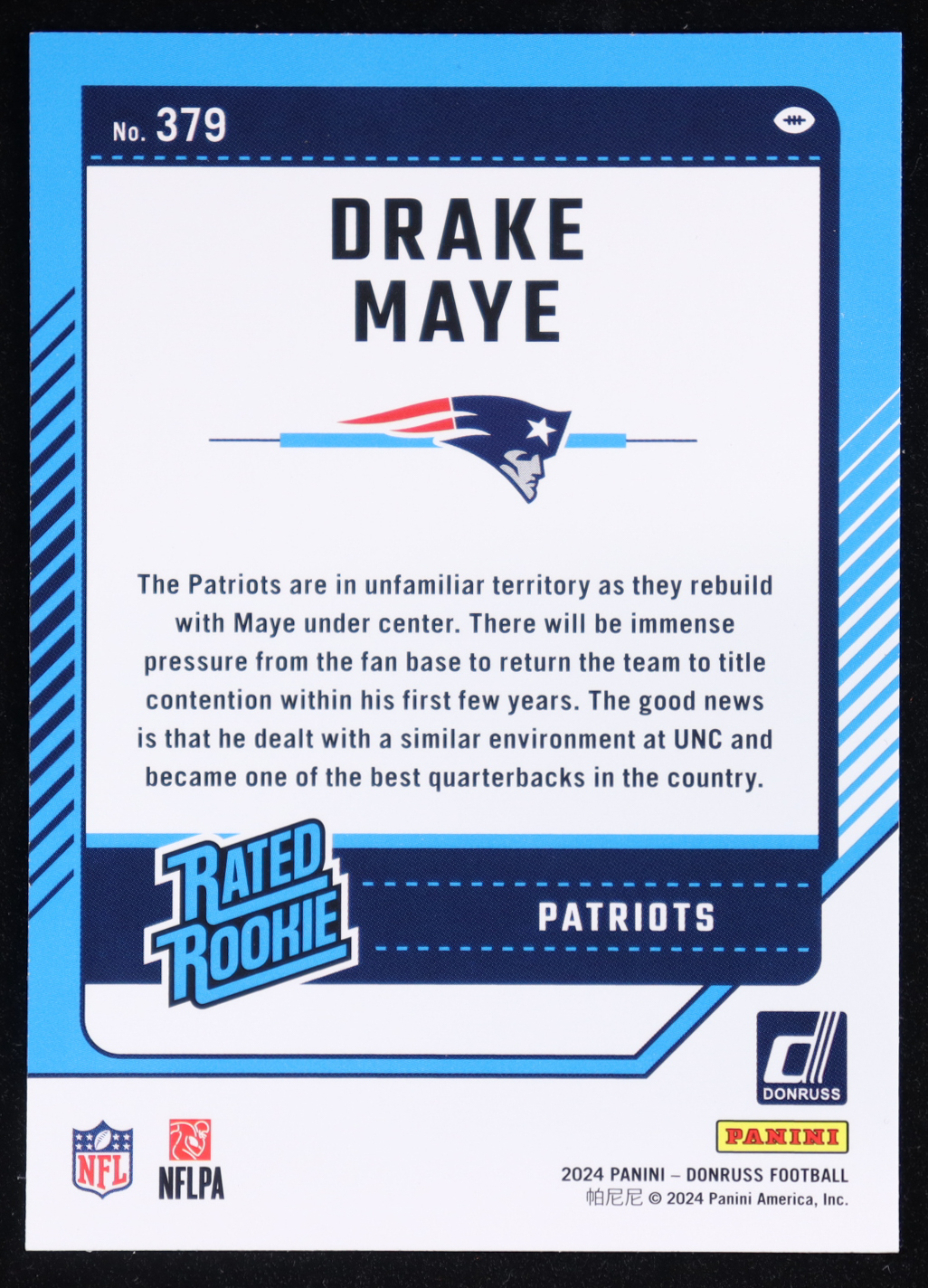 Drake Maye 2024 Donruss #379 RR RC at PristineAuction.com Drake Maye 2024 Donruss #379 RR RC at PristineAuction.com