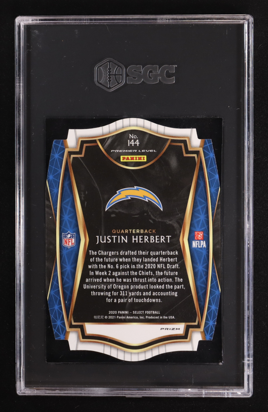 Justin Herbert 2020 Select Prizm Purple Die Cut #144 RC (SGC 10) at PristineAuction.com Justin Herbert 2020 Select Prizm Purple Die Cut #144 RC (SGC 10) at PristineAuction.com