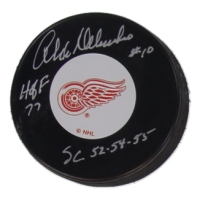Alex Delvecchio Signed Red Wings Logo Hockey Puck Inscribed "HOF 77" & "SC 52-54-55" (SportAuthentix) at PristineAuction.com
