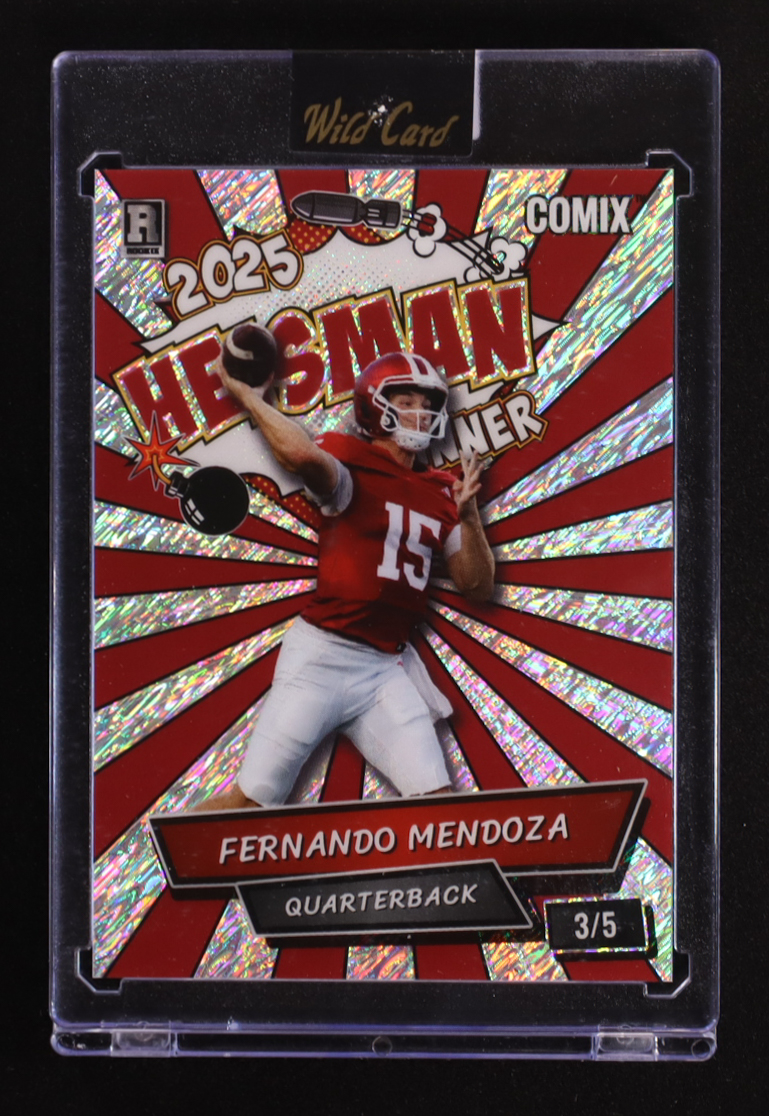Fernando Mendoza 2025 Wild Card Comix Heisman Shimmer Silver #FM03 #3/5 RC at PristineAuction.com Fernando Mendoza 2025 Wild Card Comix Heisman Shimmer Silver #FM03 #3/5 RC at PristineAuction.com