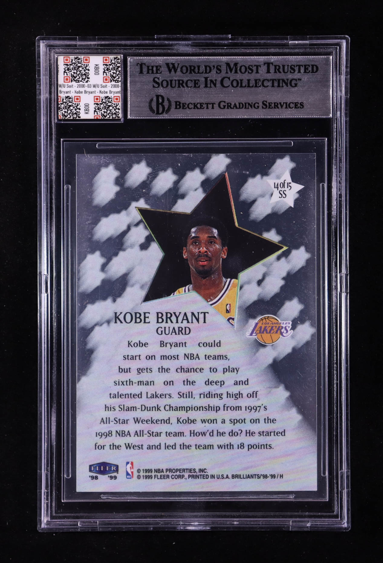 Kobe Bryant 1998-99 Fleer Brilliants Shining Stars #14 With Warm-Up Suit Swatch (BGS) at PristineAuction.com Kobe Bryant 1998-99 Fleer Brilliants Shining Stars #14 With Warm-Up Suit Swatch (BGS) at PristineAuction.com