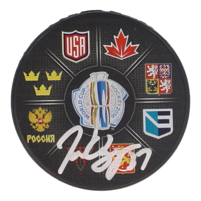 Patrice Bergeron Signed 2016 World Cup Logo Hockey Puck (Bergeron) at PristineAuction.com Patrice Bergeron Signed 2016 World Cup Logo Hockey Puck (Bergeron) at PristineAuction.com