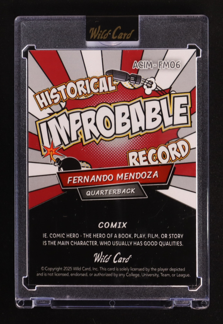 Fernando Mendoza 2025 Wild Card Comix Improbable Mosaic Silver #FM06 #2/2 RC at PristineAuction.com Fernando Mendoza 2025 Wild Card Comix Improbable Mosaic Silver #FM06 #2/2 RC at PristineAuction.com