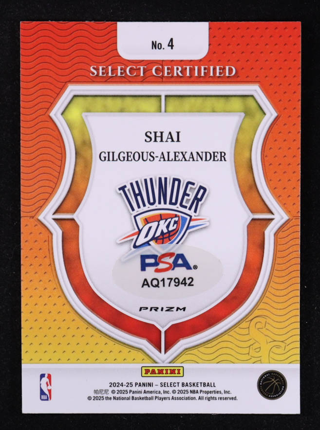 Shai Gilgeous-Alexander Signed 2024-25 Select Select Certified Red Prizms #4 (PSA) at PristineAuction.com Shai Gilgeous-Alexander Signed 2024-25 Select Select Certified Red Prizms #4 (PSA) at PristineAuction.com