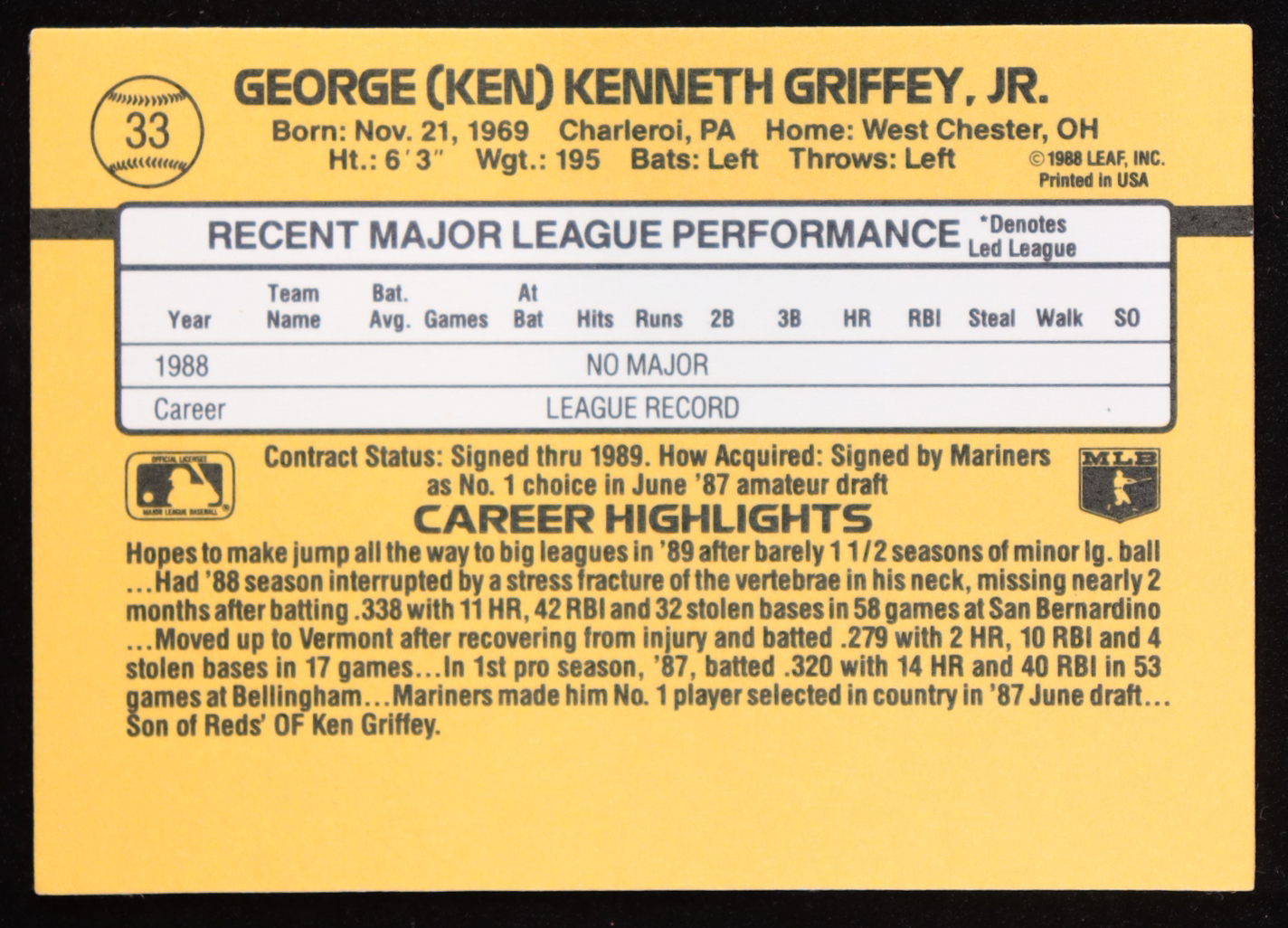 Ken Griffey Jr. 1989 Donruss #33 RR RC at PristineAuction.com Ken Griffey Jr. 1989 Donruss #33 RR RC at PristineAuction.com