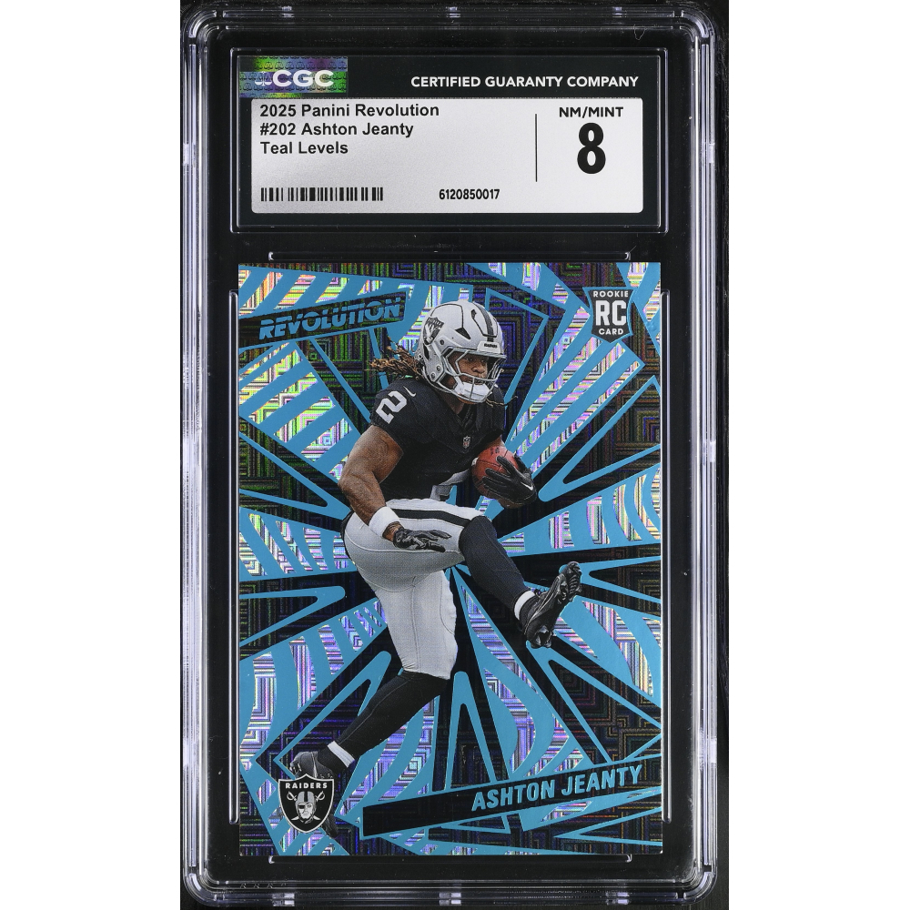 Ashton Jeanty 2025 Panini Revolution Teal Levels #202 RC #074/499 (CGC 8) at PristineAuction.com