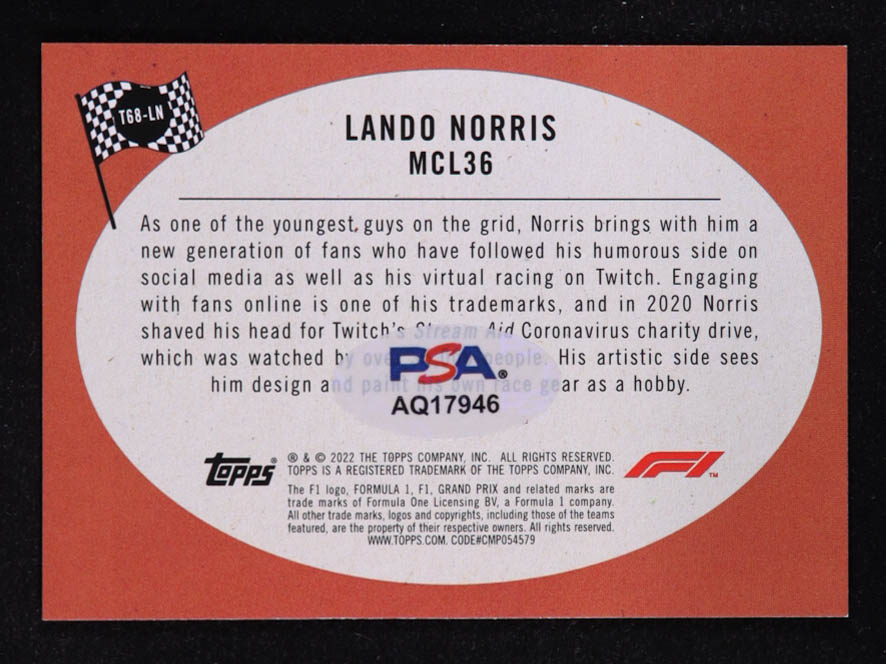 Lando Norris Signed 2022 Topps Formula 1 Topps '68 Hot Rod #T68LN (PSA) at PristineAuction.com Lando Norris Signed 2022 Topps Formula 1 Topps '68 Hot Rod #T68LN (PSA) at PristineAuction.com