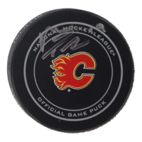 Matthew Tkachuk Signed Flames Logo Hockey Puck (Tkachuk) at PristineAuction.com