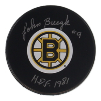 John Bucyk Signed Bruins Logo Hockey Puck Inscribed "HOF 1981" (SportAuthentix) at PristineAuction.com
