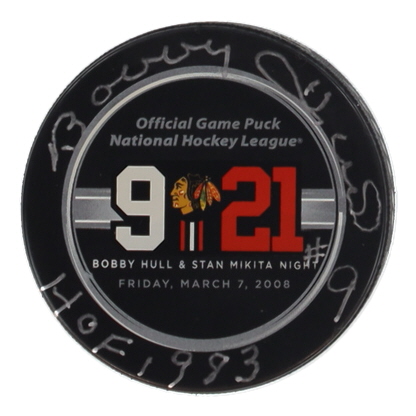 Bobby Hull Signed 9/21 Blackhawks Logo Hockey Puck Inscribed "HOF 1993" (Hull) at PristineAuction.com Bobby Hull Signed 9/21 Blackhawks Logo Hockey Puck Inscribed "HOF 1993" (Hull) at PristineAuction.com