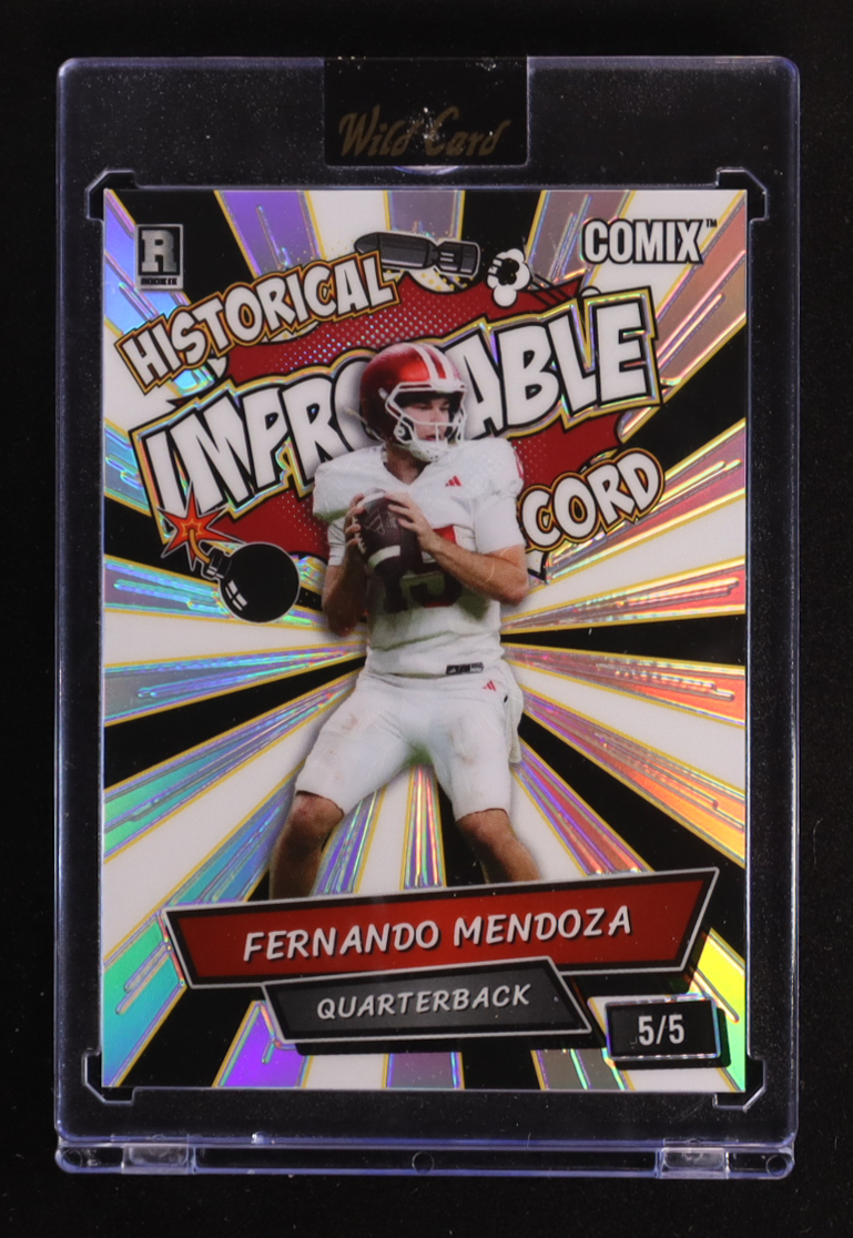 Fernando Mendoza 2025 Wild Card Comix Improbable Prismatic Silver #FM05 #5/5 RC at PristineAuction.com Fernando Mendoza 2025 Wild Card Comix Improbable Prismatic Silver #FM05 #5/5 RC at PristineAuction.com