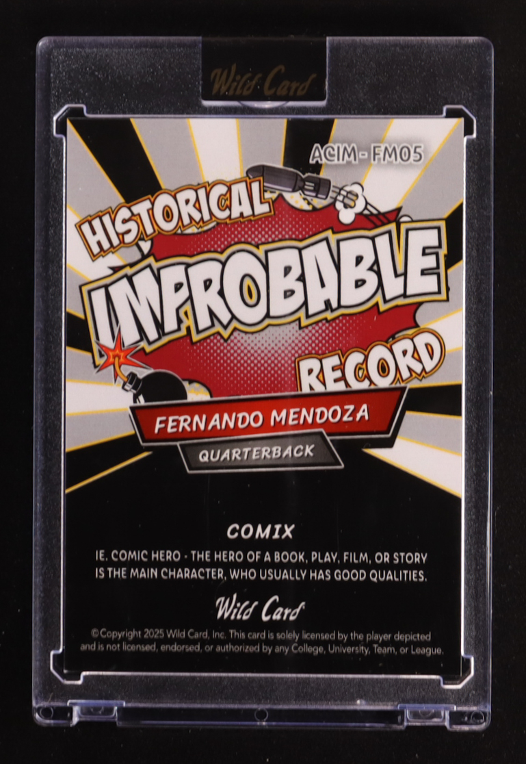 Fernando Mendoza 2025 Wild Card Comix Improbable Prismatic Silver #FM05 #5/5 RC at PristineAuction.com Fernando Mendoza 2025 Wild Card Comix Improbable Prismatic Silver #FM05 #5/5 RC at PristineAuction.com