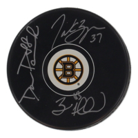 Patrice Bergeron, Brad Marchand & David Pastrnak Signed Bruins Logo Hockey Puck (Perfection Line & YSMS) at PristineAuction.com