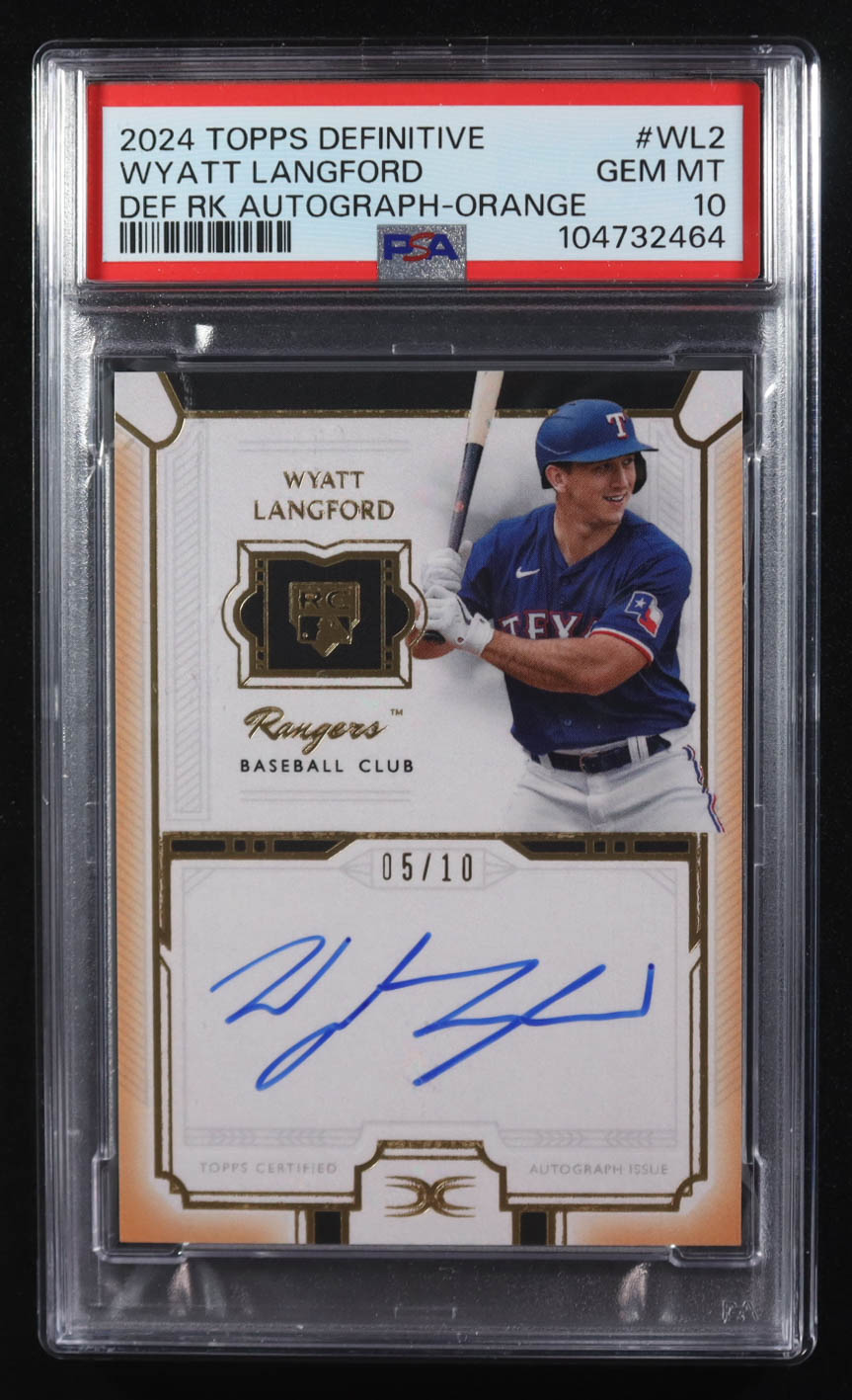 Wyatt Langford 2024 Topps Definitive Collection Rookie Autographs Orange #DRAWL2 #05/10 RC (PSA 10) at PristineAuction.com Wyatt Langford 2024 Topps Definitive Collection Rookie Autographs Orange #DRAWL2 #05/10 RC (PSA 10) at PristineAuction.com