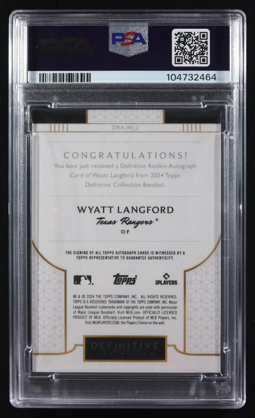 Wyatt Langford 2024 Topps Definitive Collection Rookie Autographs Orange #DRAWL2 #05/10 RC (PSA 10) at PristineAuction.com Wyatt Langford 2024 Topps Definitive Collection Rookie Autographs Orange #DRAWL2 #05/10 RC (PSA 10) at PristineAuction.com