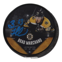 Brad Marchand Signed Bruins "Jersey Number" Logo Hockey Puck (Marchand) at PristineAuction.com