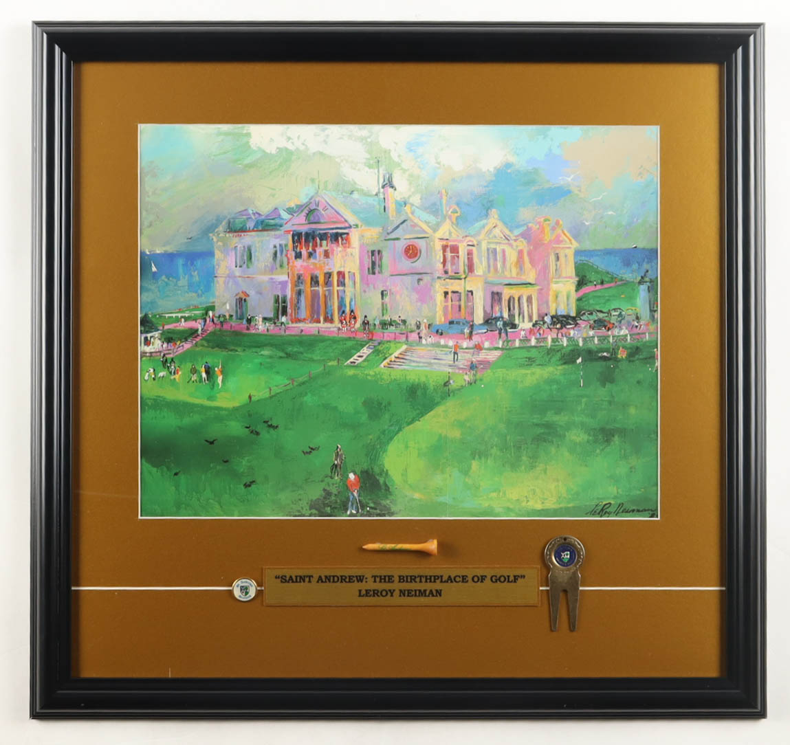 "Saint Andrews: The Birthplace of Gold" Custom Framed LeRoy Neiman Art Print Display with Divot Tool & Ball Marker at PristineAuction.com "Saint Andrews: The Birthplace of Gold" Custom Framed LeRoy Neiman Art Print Display with Divot Tool & Ball Marker at PristineAuction.com