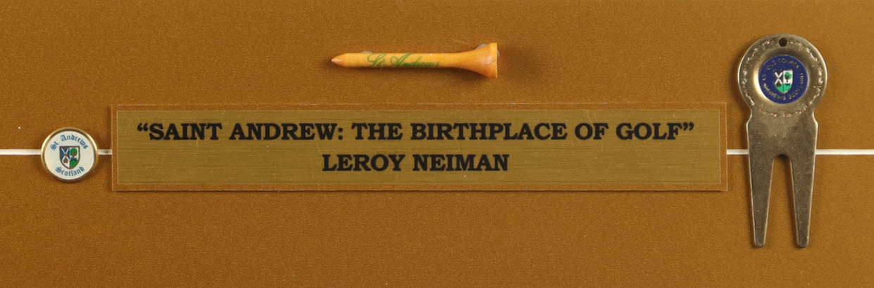 "Saint Andrews: The Birthplace of Gold" Custom Framed LeRoy Neiman Art Print Display with Divot Tool & Ball Marker at PristineAuction.com "Saint Andrews: The Birthplace of Gold" Custom Framed LeRoy Neiman Art Print Display with Divot Tool & Ball Marker at PristineAuction.com