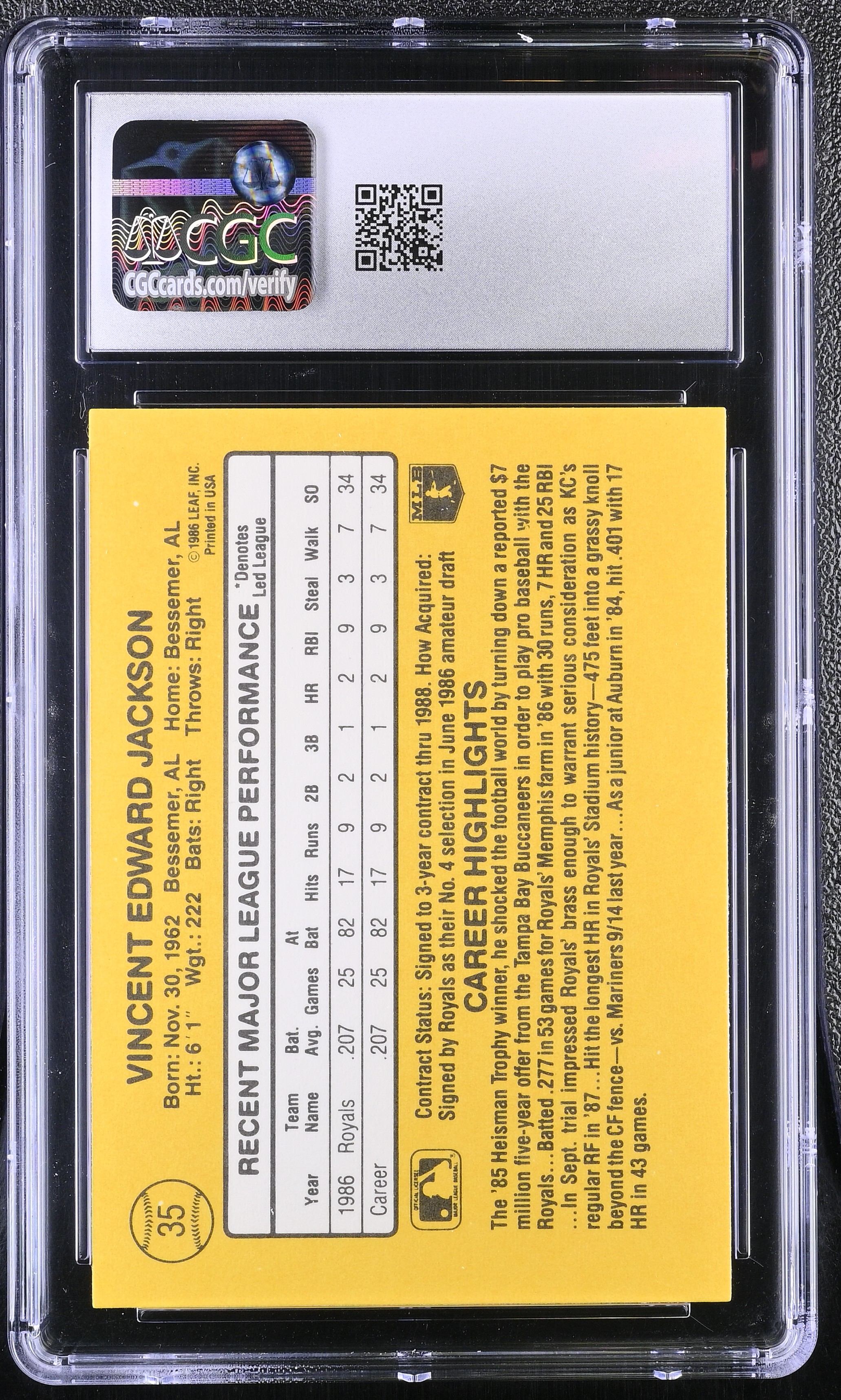 Bo Jackson 1987 Donruss #35 RC (CGC MINT 9.5) at PristineAuction.com Bo Jackson 1987 Donruss #35 RC (CGC MINT 9.5) at PristineAuction.com