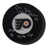 Bill Barber Signed Flyers Logo Hockey Puck Inscribed "HOF 90" & "74/75 Cup" (SportAuthentix) at PristineAuction.com