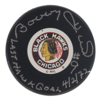 Bobby Hull Signed Blackhawks Logo Hockey Puck Inscribed "Last Hawk Goal 4/2//72" (Hull) at PristineAuction.com