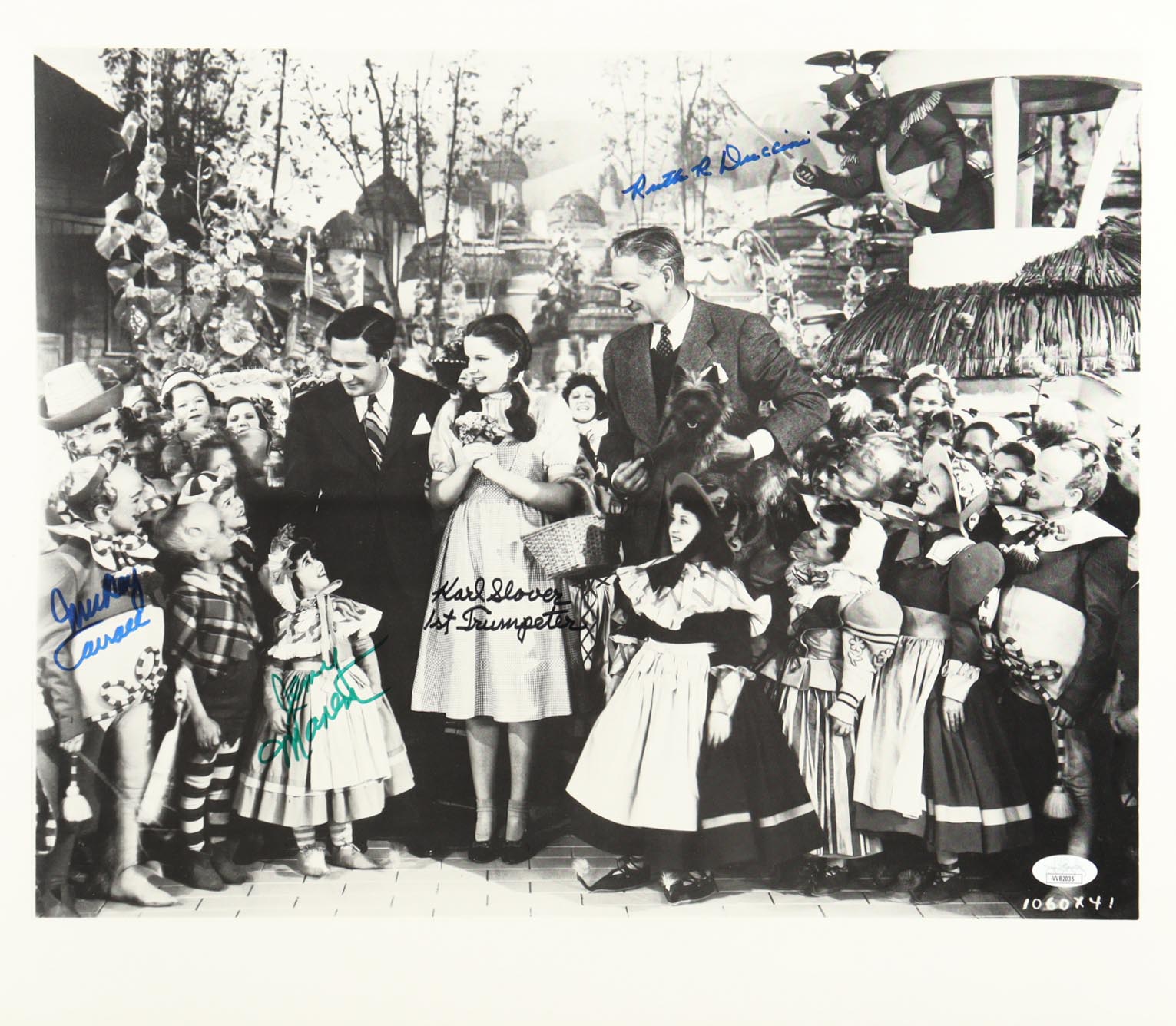 "The Wizard of Oz" 16x18.5 Photo Cast-Signed & Inscribed By (4) with Mickey Carroll, Jerry Maren, Karl Slover & Ruth Duccini (JSA) at PristineAuction.com "The Wizard of Oz" 16x18.5 Photo Cast-Signed & Inscribed By (4) with Mickey Carroll, Jerry Maren, Karl Slover & Ruth Duccini (JSA) at PristineAuction.com