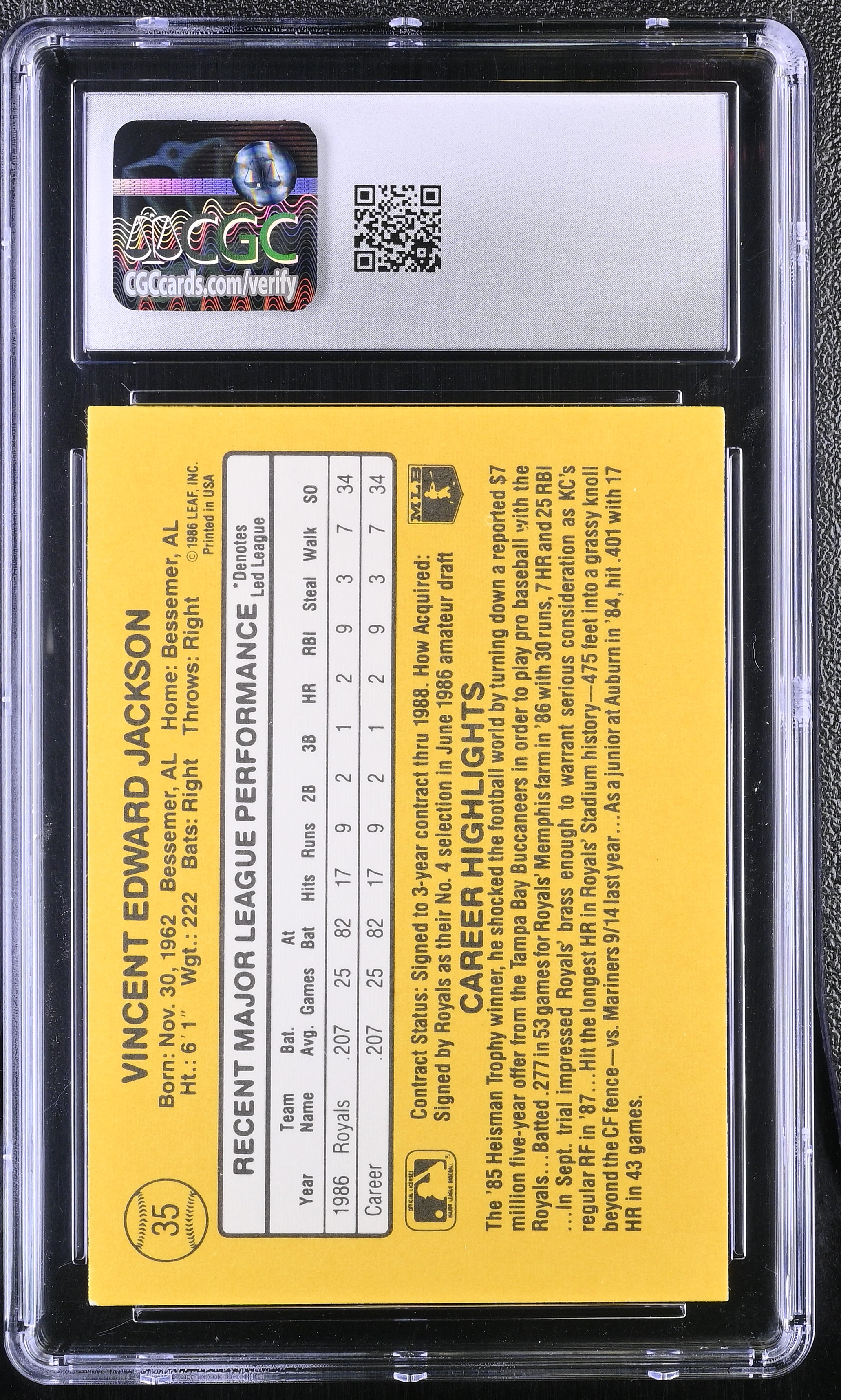 Bo Jackson 1987 Donruss #35 RC (CGC 9) at PristineAuction.com Bo Jackson 1987 Donruss #35 RC (CGC 9) at PristineAuction.com