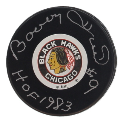 Bobby Hull Signed Blackhawks Logo Hockey Puck Inscribed "HOF 1983" (Hull) at PristineAuction.com Bobby Hull Signed Blackhawks Logo Hockey Puck Inscribed "HOF 1983" (Hull) at PristineAuction.com