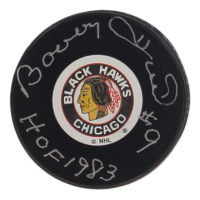 Bobby Hull Signed Blackhawks Logo Hockey Puck Inscribed "HOF 1983" (Hull) at PristineAuction.com