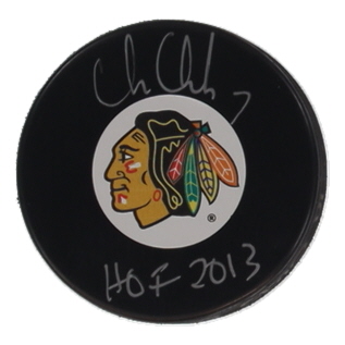 Chris Chelios Signed Blackhawks Logo Hockey Puck Inscribed "HOF 2013" (SportAuthentix) at PristineAuction.com Chris Chelios Signed Blackhawks Logo Hockey Puck Inscribed "HOF 2013" (SportAuthentix) at PristineAuction.com